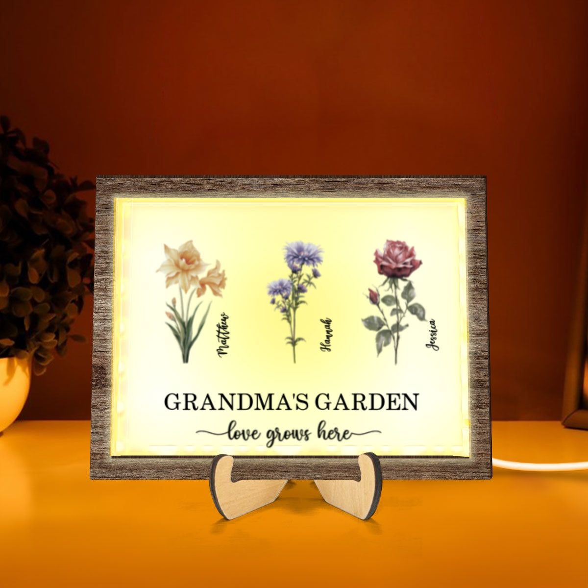 Grandma's Garden Love Grows Here Birth Month Flower Personalized 2-Layered Wooden Plaque with LED, Heartfelt Mother's day gift for Grandma, Mom