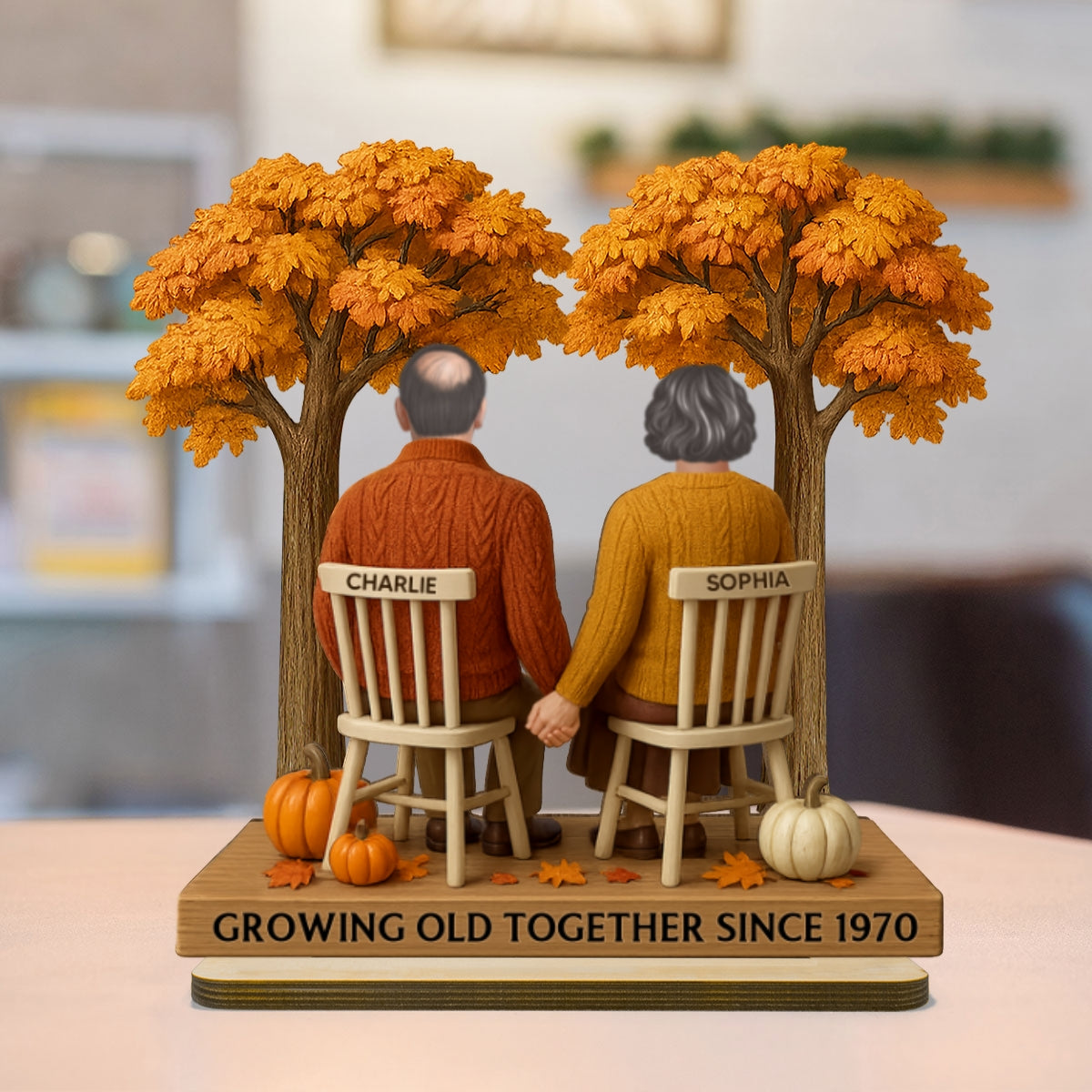 3D Effect Fall Season Back View Couple Growing Old Together Personalized 2-Layer Standing Wooden Plaque