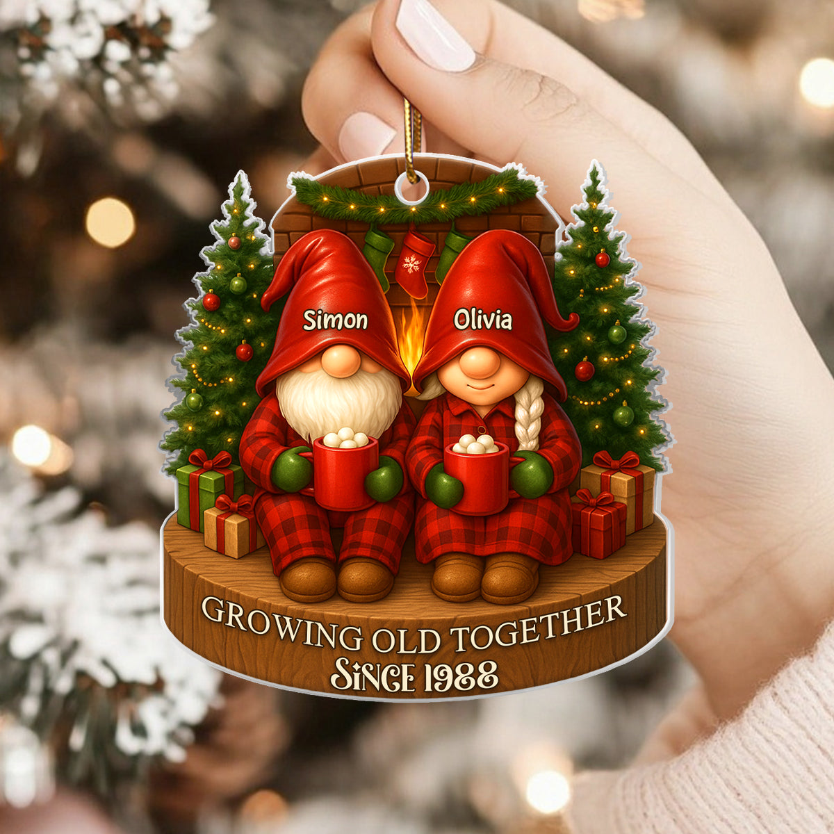 Gnome Couple With Hot Cocoa - Personalized Acrylic Ornament - Special Christmas Gift For Grandma, Grandpa, For Her, For Him