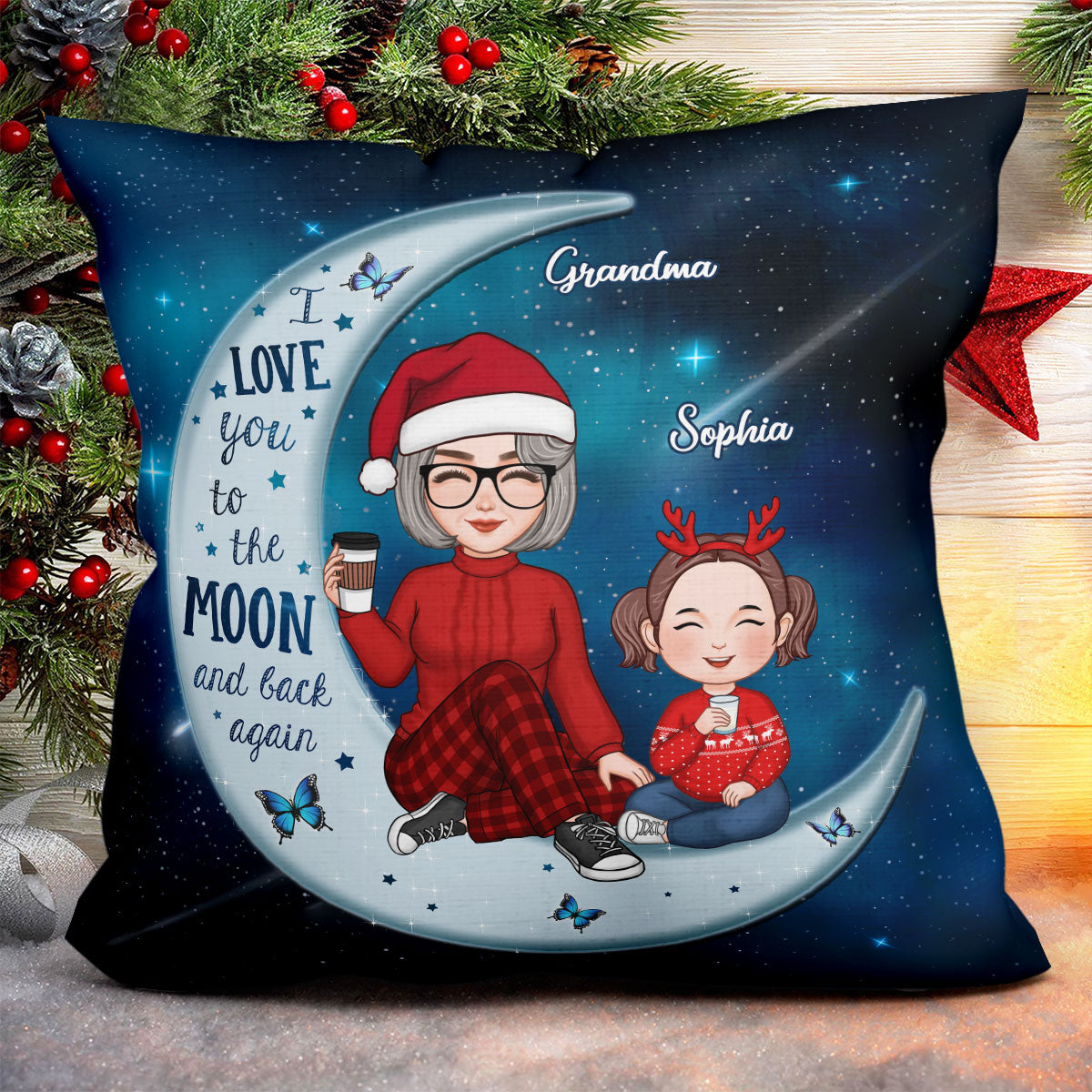 Cute Grandma & Grandkid On Moon Christmas Gift For Grandson Granddaughter Personalized Pillow