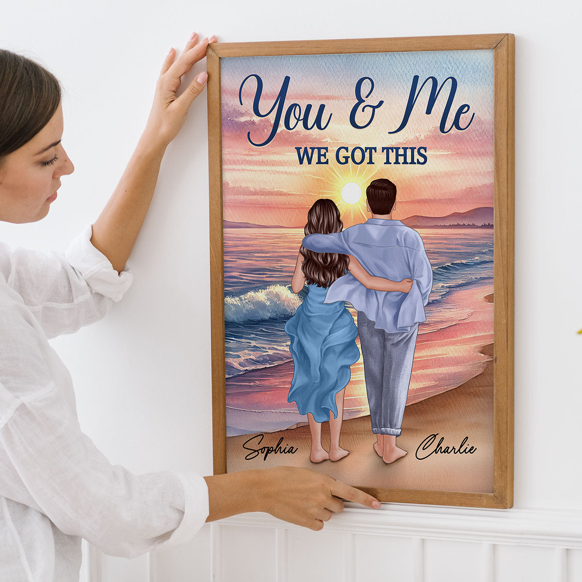 Back View Couple Embracing & Walking On The Beach Personalized Poster, Heartfelt Gift For Couple, For Him, For Her, Boyfriend, Girlfriend, Husband, Wife
