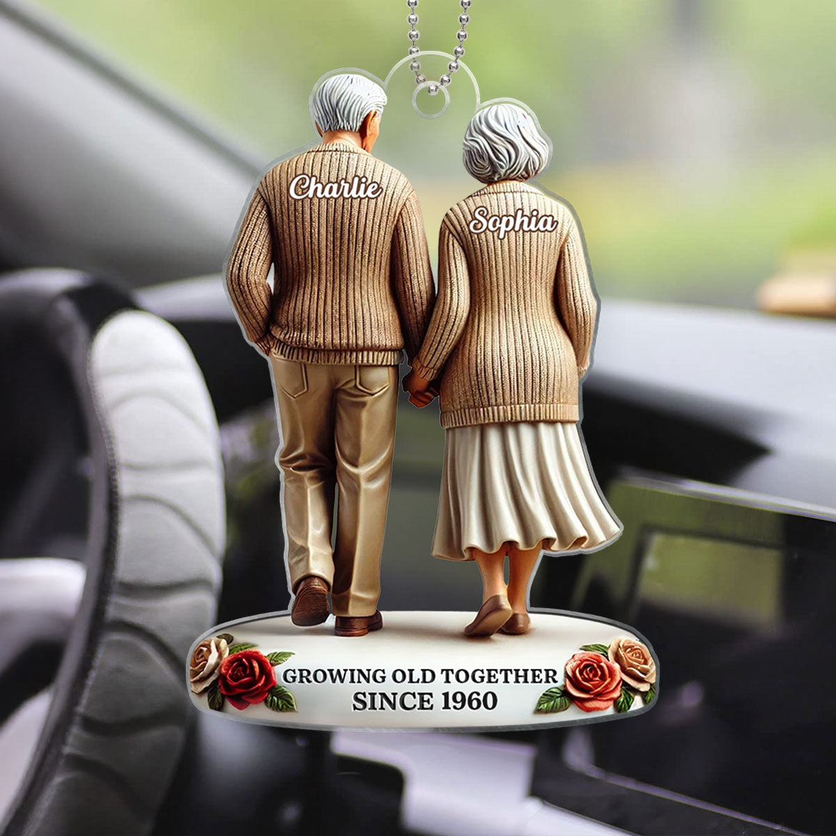 3D Effect Old Couple Holding Hands Walking Together Personalized Car Hanger Ornament, Heartfelt Gift For Couple, For Him, For Her, Husband, Wife