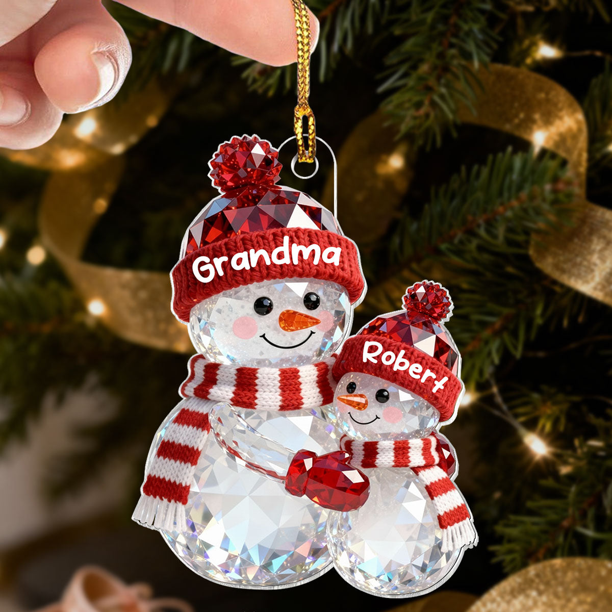 3D Effect Flat Snowman Grandma Hugging Grandkid Christmas - Personalized Acrylic Ornament - Gift For Grandkids