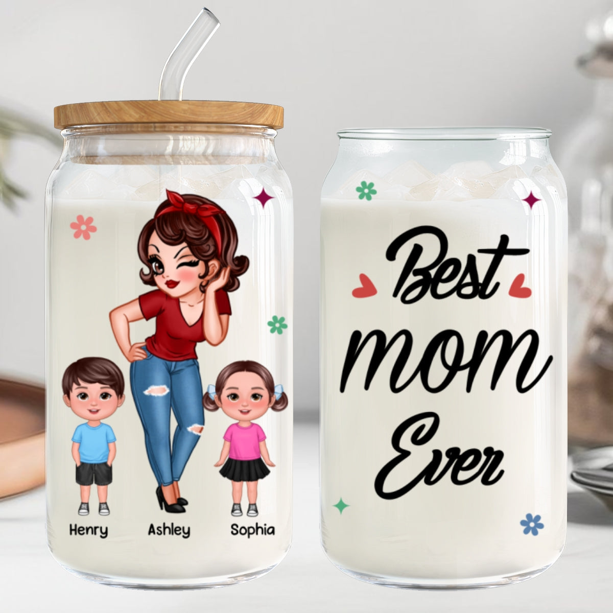 Best Mom Grandma Ever Pretty Woman & Kids Personalized Clear Glass Can