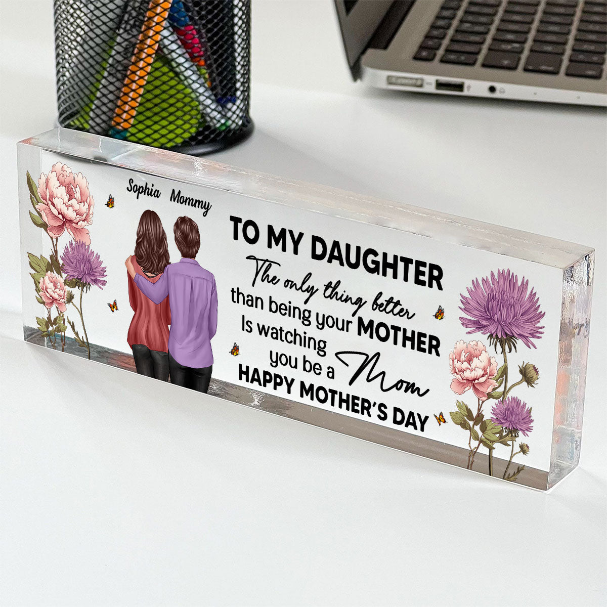 Birth Month Flowers To My Daughter From Mom Personalized Acrylic Desk Name Plate