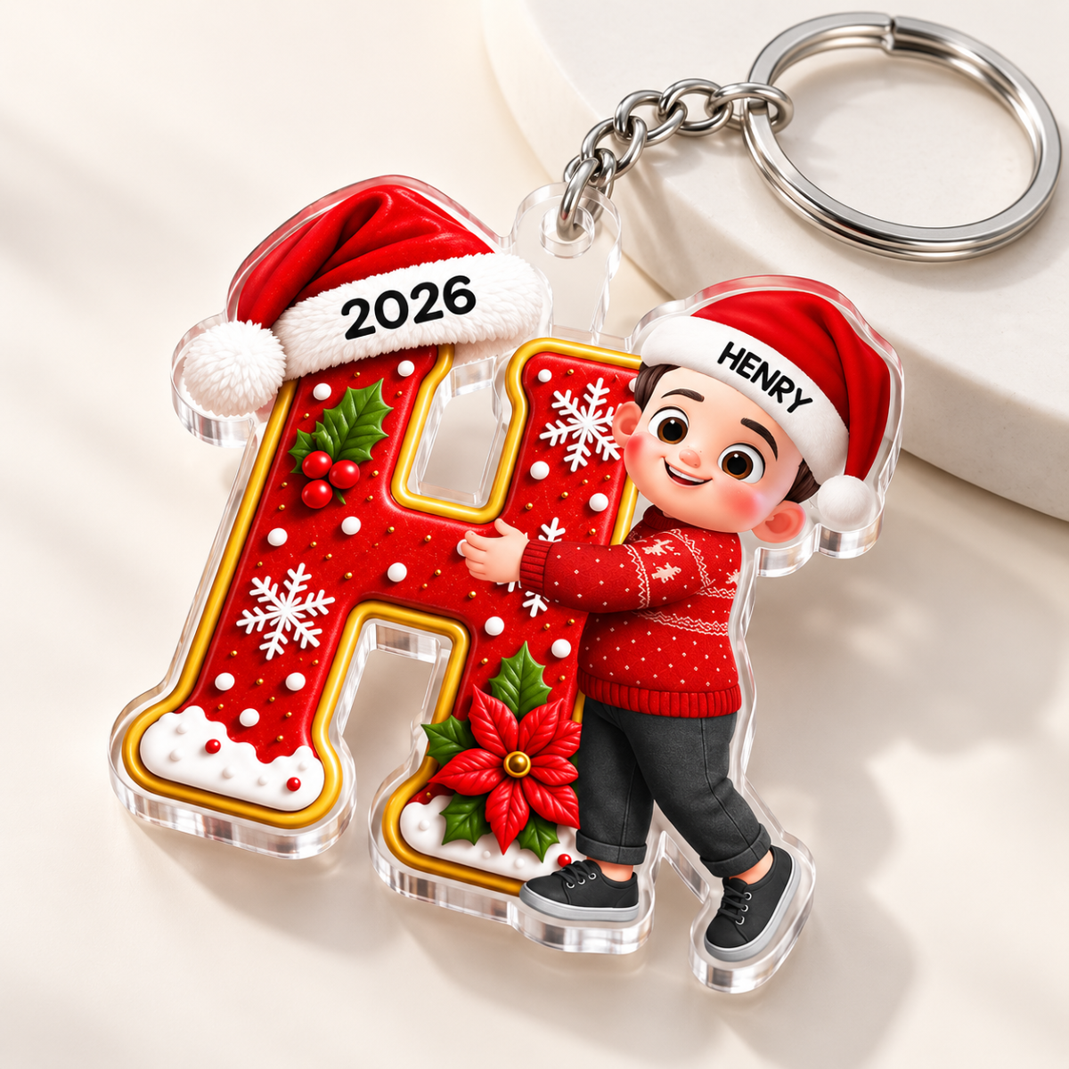 Joyful Christmas Letter Hug - Personalized Acrylic Keychain - Gift For Boys, Girls, Grandkids