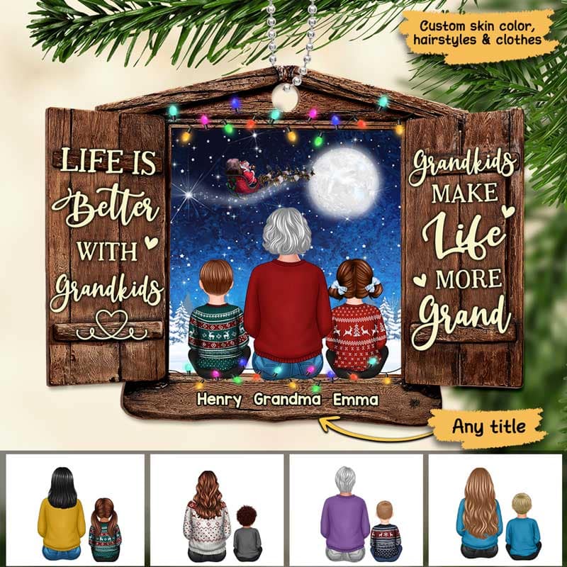 Grandma Grandkids Sitting By Window Personalized Christmas Wooden Ornament