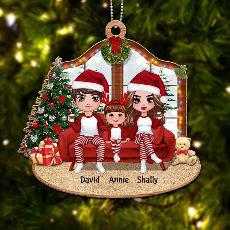 Christmas Doll Family On Sofa Personalized Wooden Ornament