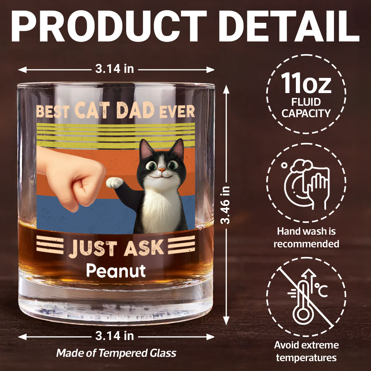 Best Cat Dad Cute Cartoon Cats Personalized Whiskey Glass, Father's Day Gift for Cat Dads