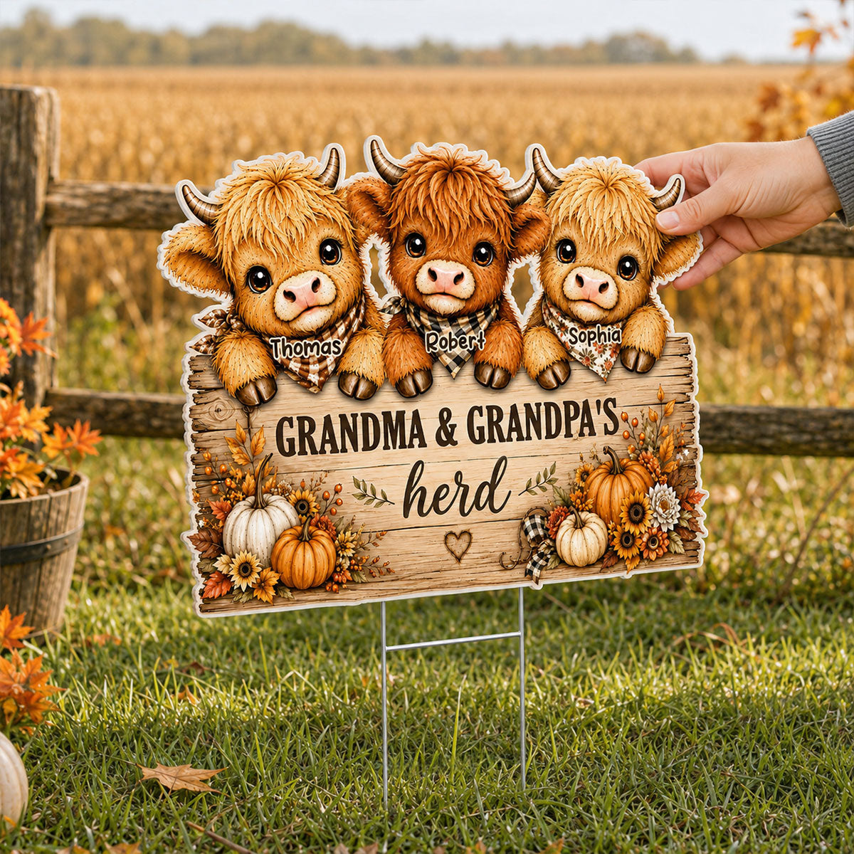 Cozy Warm Fall Season Grandpa Grandma's Herd Highland Cows - Personalized Yard Sign - Fall Decor For Grandparents