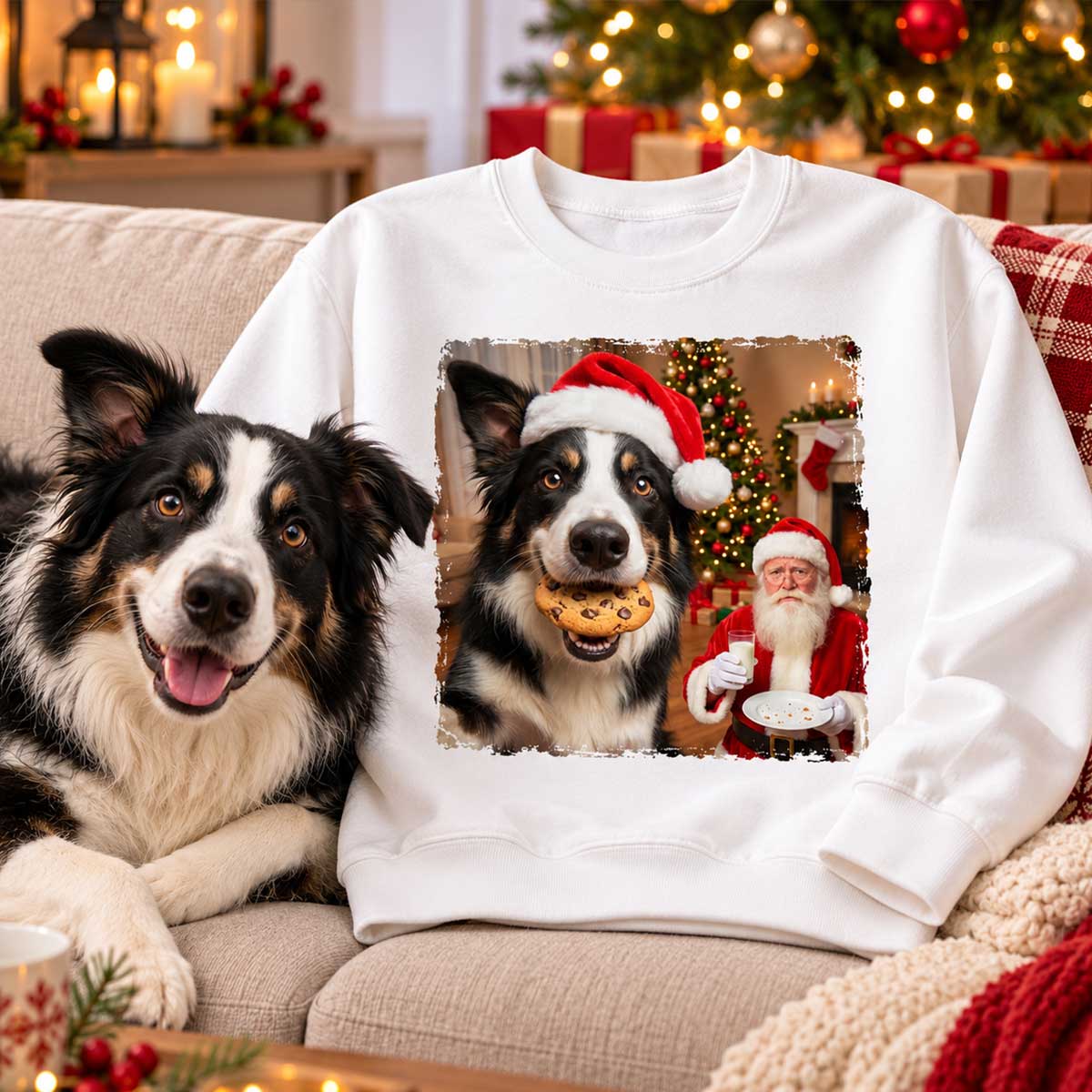 Dog Steal Cookie From Santa Upload Pet Photo - Personalized Shirt - Funny Gift For Dog Lovers