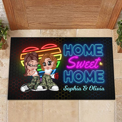 Home Sweet Home Love Wins Y2K Couple Neon Theme Personalized Doormat