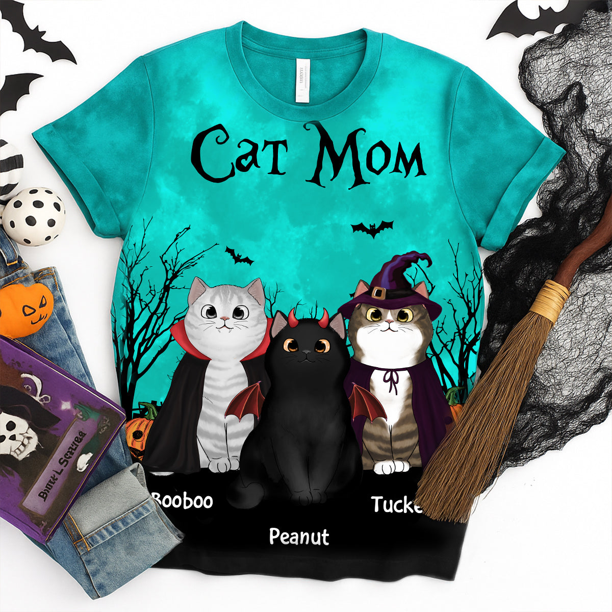 Cat Mom Halloween Moon Light Bat Tree Witchy Theme Personalized Shirt, Purrfect Costume for Cat Lover