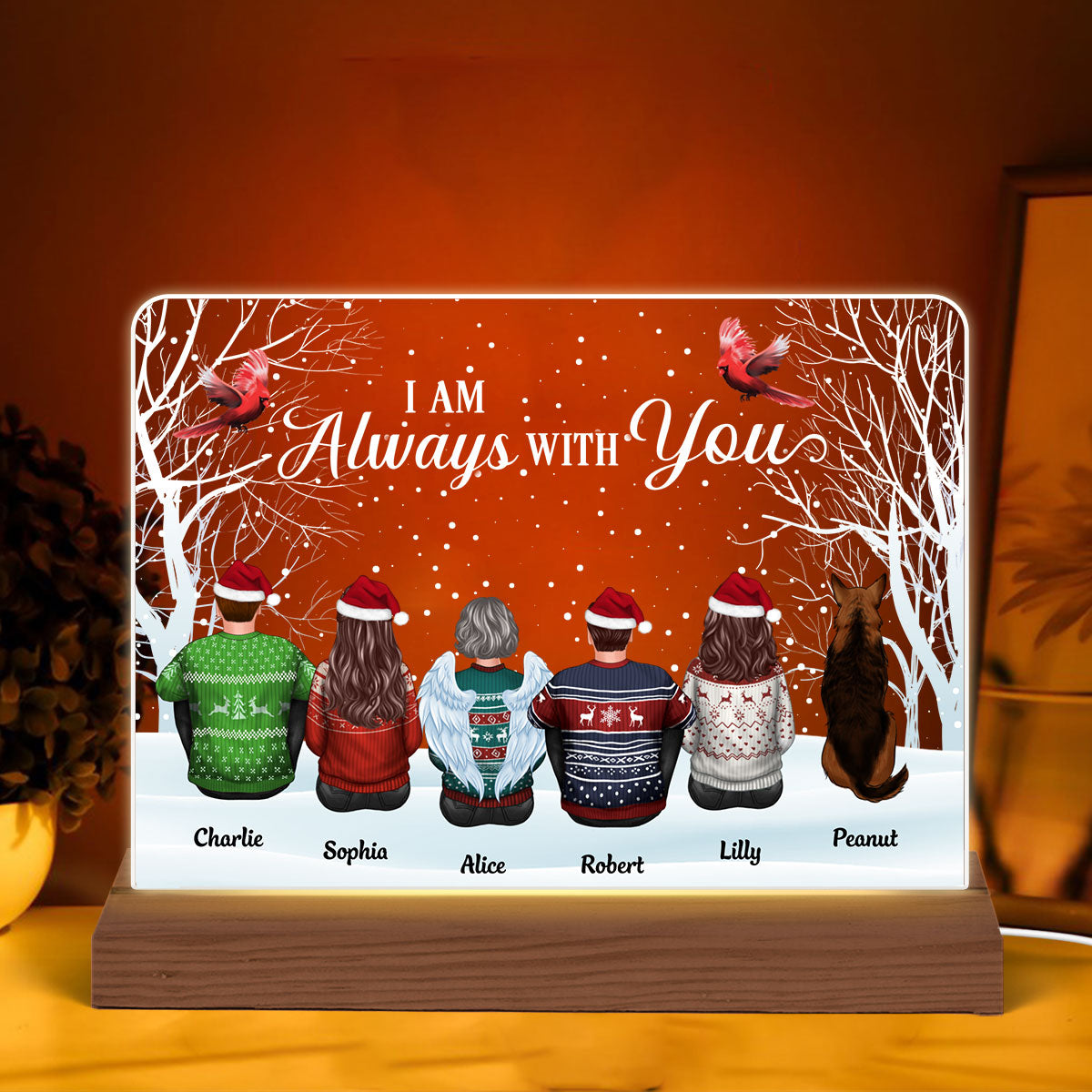 Always With You Family Dad Mom Kids Dogs Cats Memorial Personalized Custom Shape Acrylic Plaque Warm LED Night Light