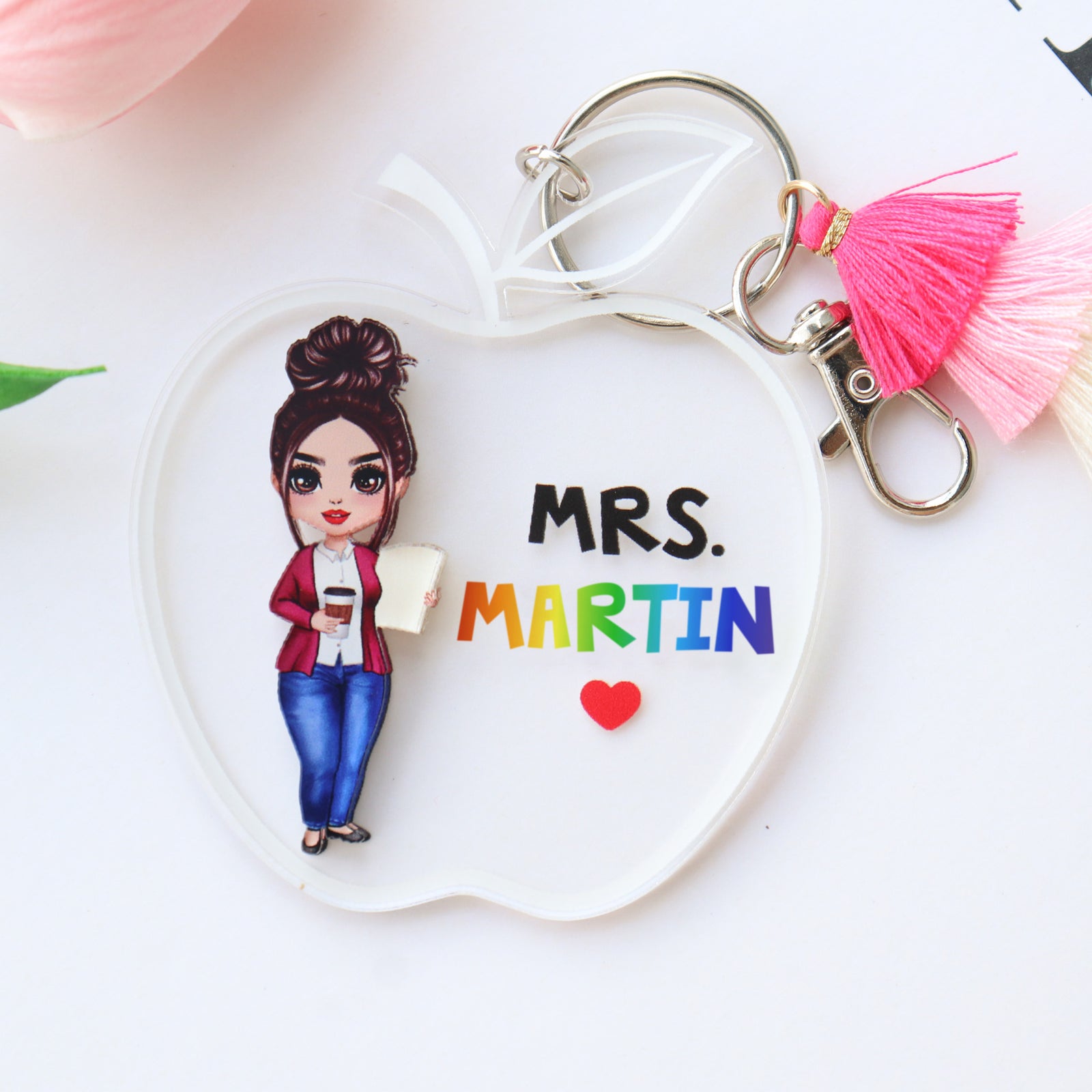 Doll Teacher Apple Shaped Personalized 2-Layer Acrylic Keychain