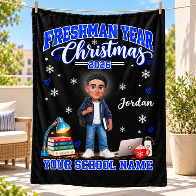 Freshman Year Christmas Custom Name & School Name - Personalized Fleece Blanket - Christmas Gift For College Freshman, Boy, Girl, Grandkids, College Students