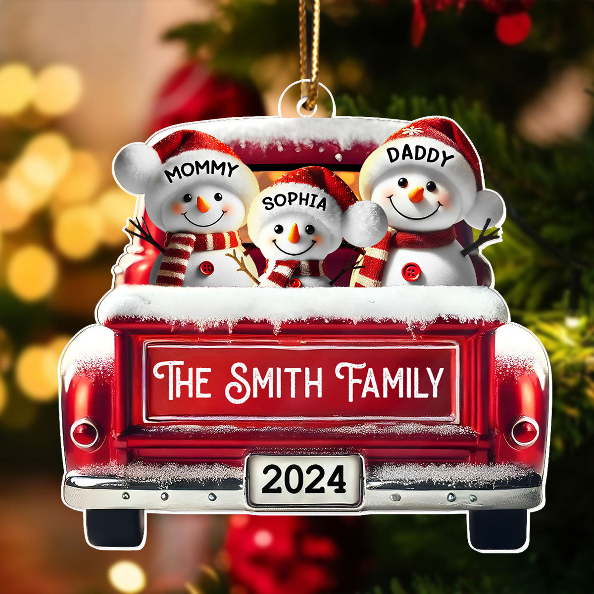 Personalized Snowman Family Acrylic Christmas Ornament, Red Truck Custom Name 3D Effect Ornament
