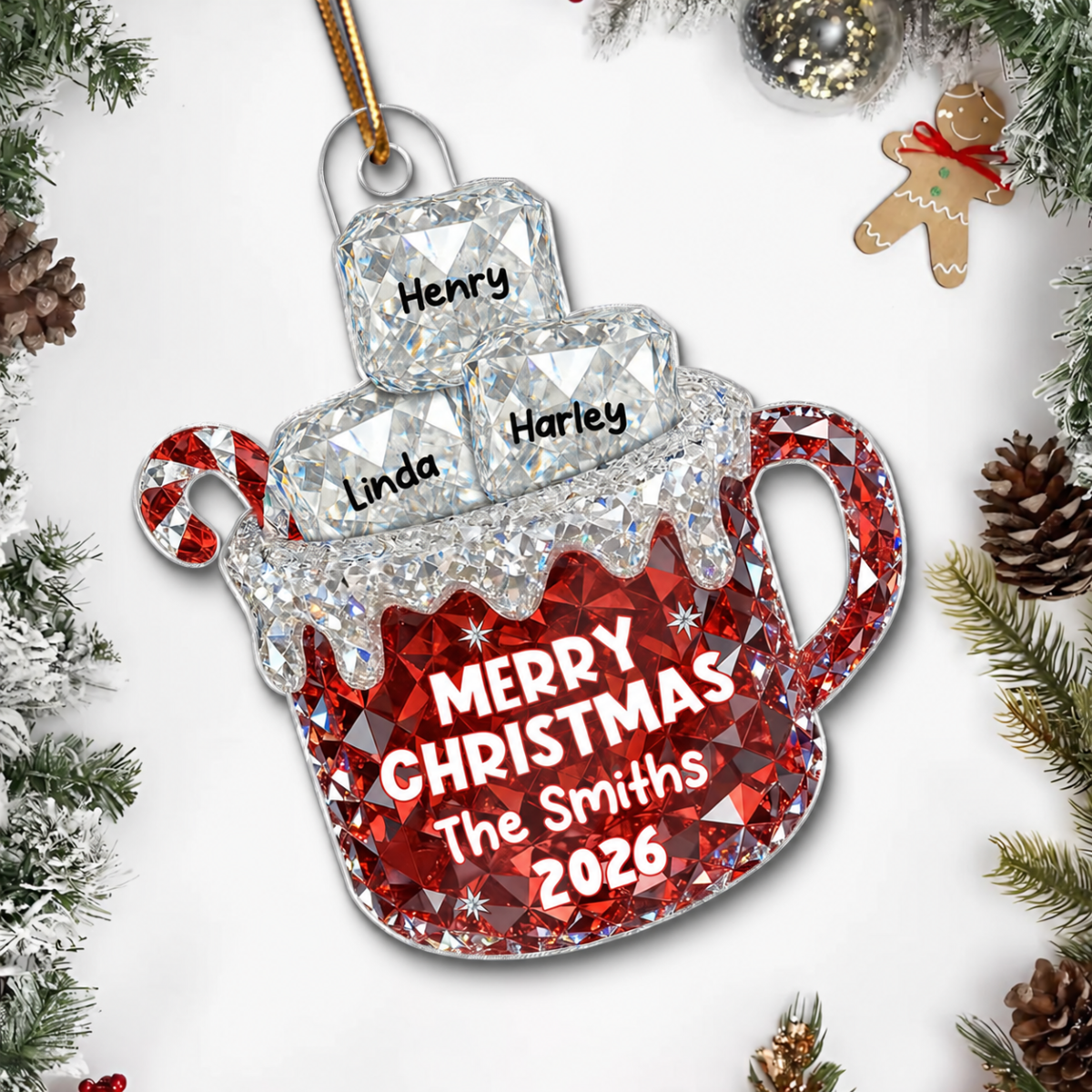3D Crystal Effect Christmas Hot Cocoa Marshmallows Family Names - Personalized Acrylic Ornament