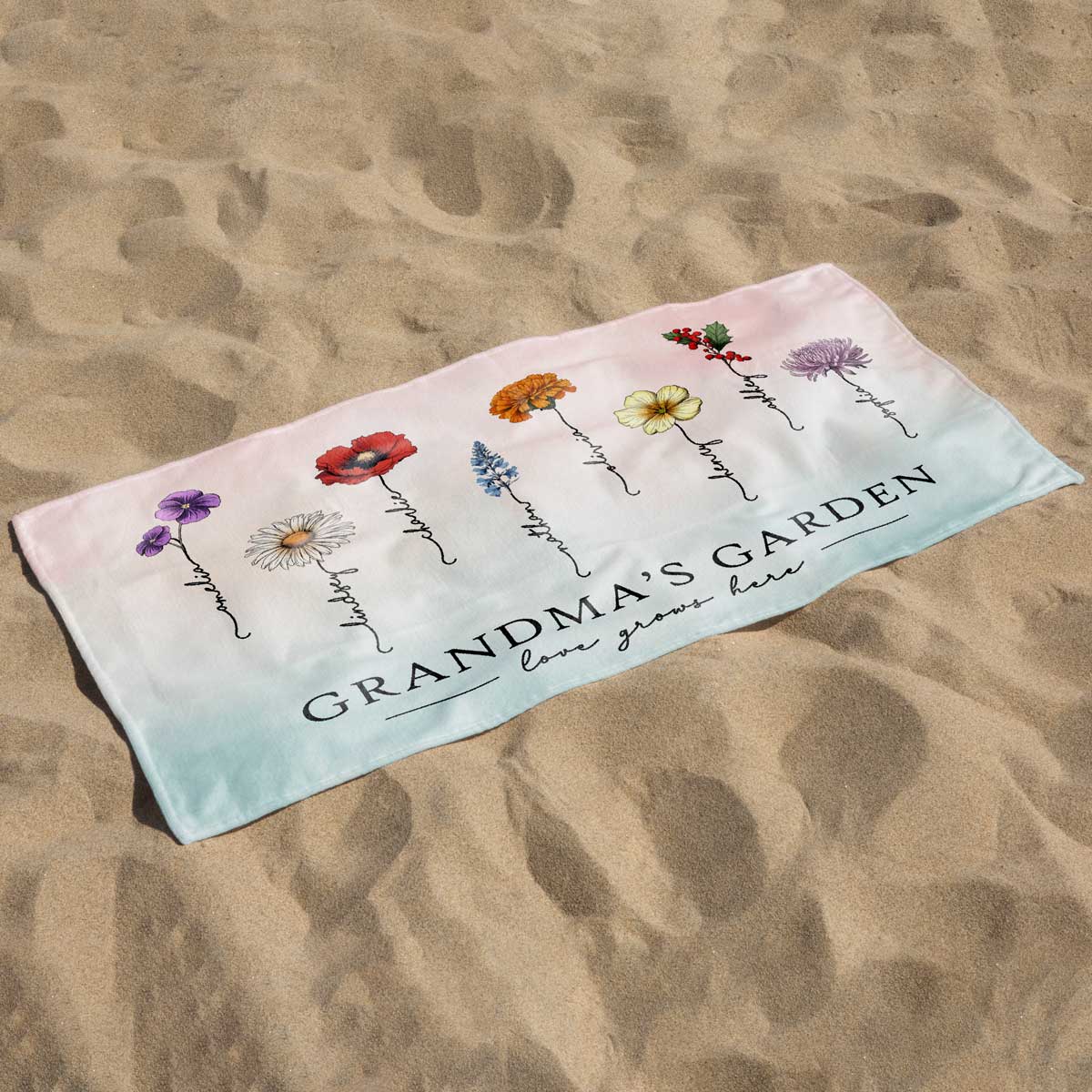 Grandma‘s Garden Love Grows Here Beautiful Birth Month Flower Gift For Grandma Mom Personalized Beach Towel