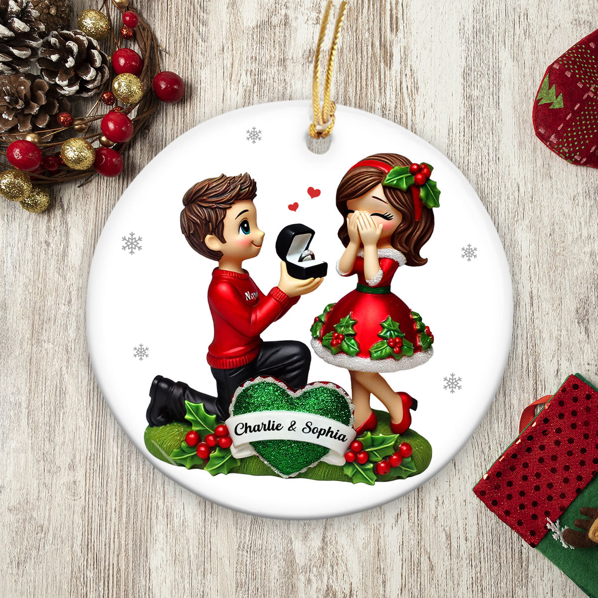 Marriage Proposal Christmas Ceramic Ornament, Personalized Newly Engaged Gift, She Said Yes! Ornament, Custom Just Engaged Gifts for Couples