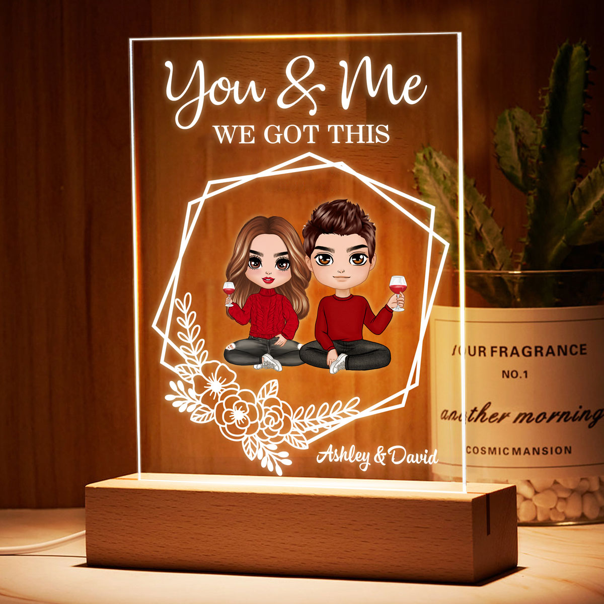 Hexagon Flowers Couple Personalized Plaque LED Night Light - Valentine‘s Day Gift - Gift For Him Gift For Her