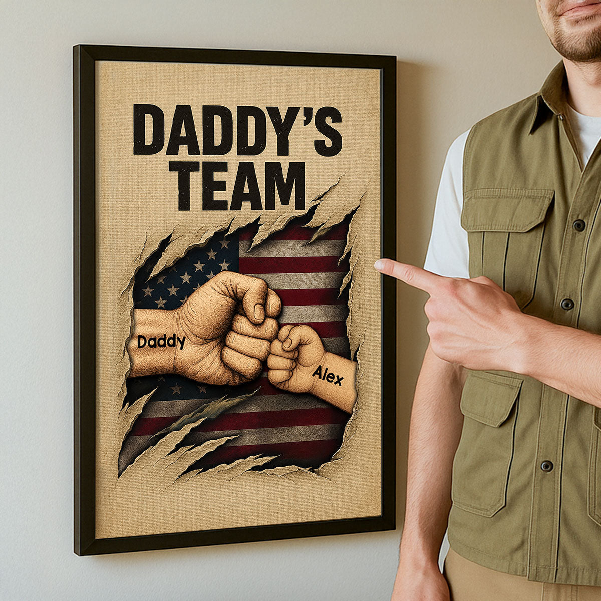 Daddy's Team Fist Bump Torned Flag Personalized Poster, Father's Day Gift for Dad