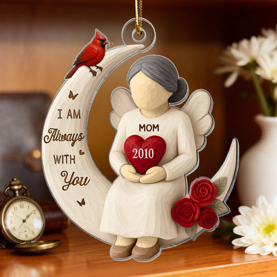 3D Effect Roses Wooden Texture Memorial On Moon - Personalized Acrylic Ornament - Christmas Remembrance Gift, Sympathy Gift