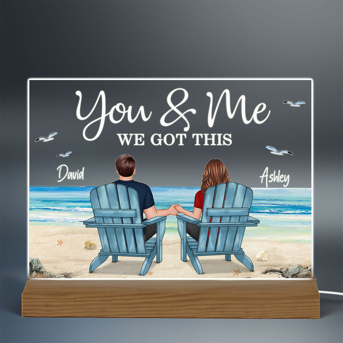 Back View Couple Sitting Beach Landscape Personalized Custom Shape Acrylic Plaque LED Night Light