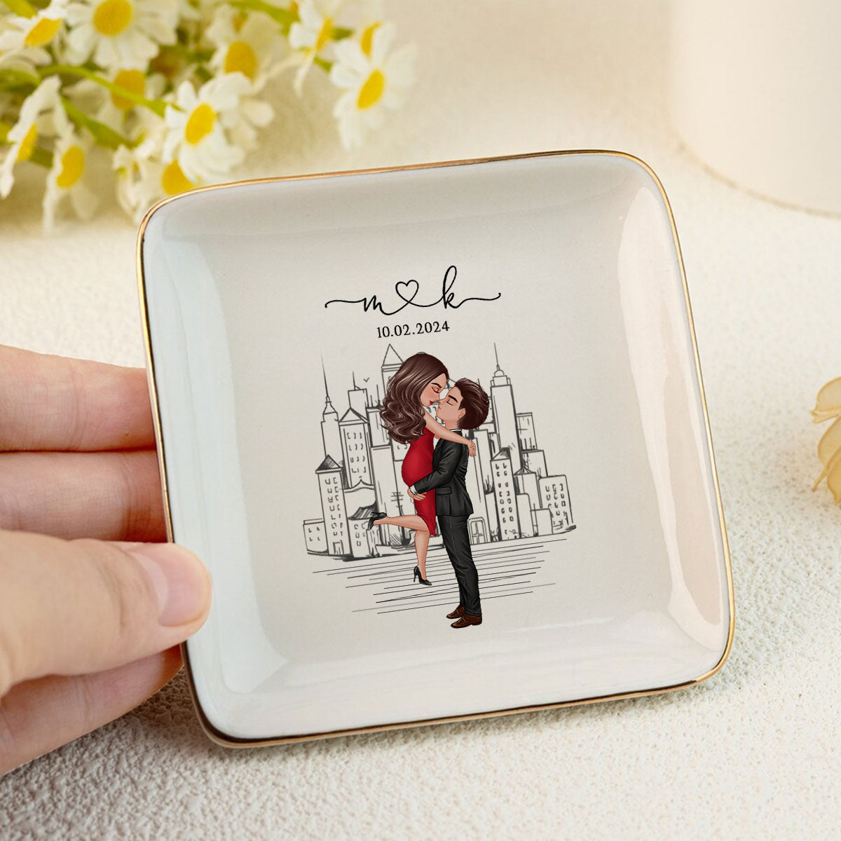 Couple Hugging Kissing Outline Landscape Personalized Jewelry Dish, Gift for Her
