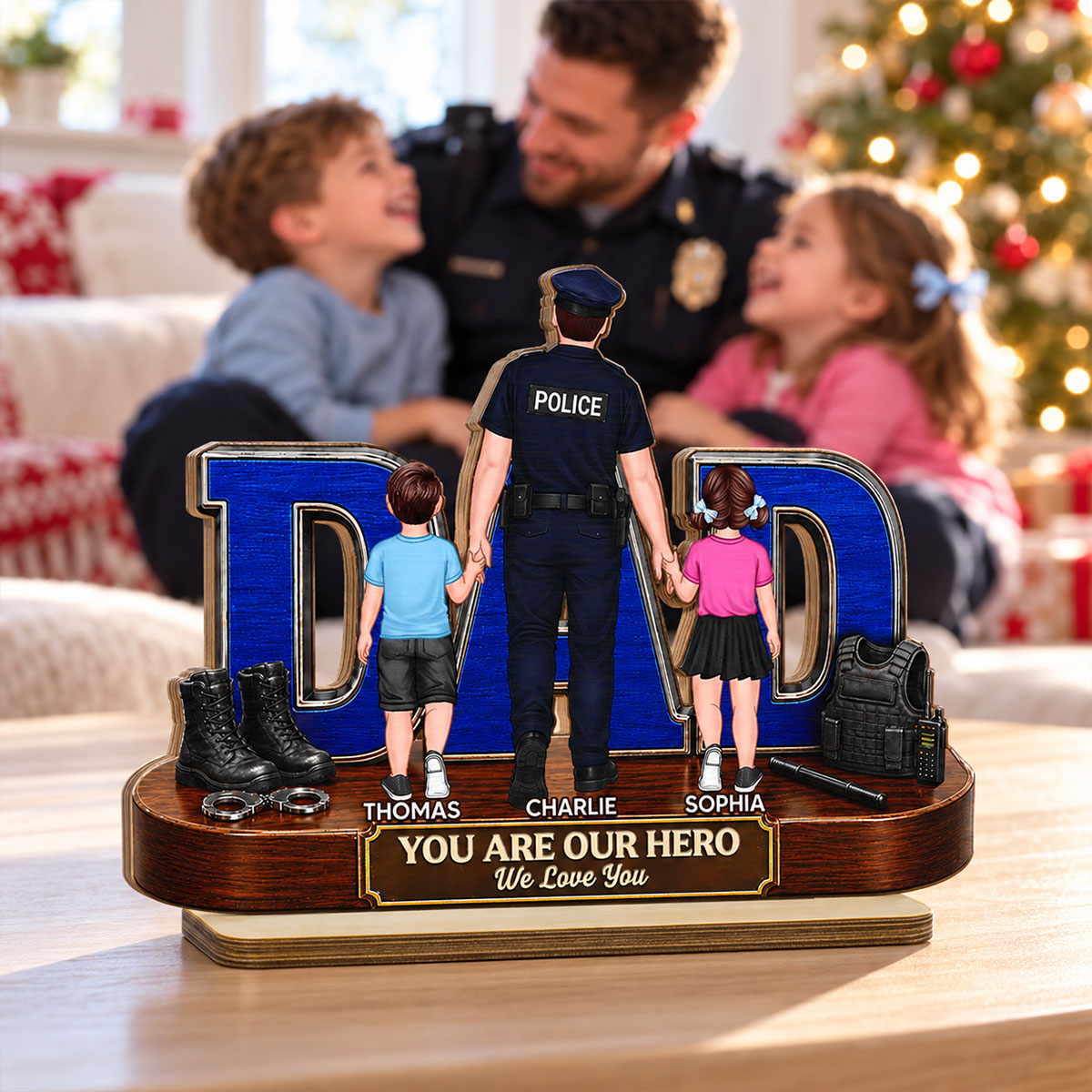 Proud Police Dad - Personalized 2-Layered Wooden Plaque - Christmas Gift For Police, Dad, Husband, Father
