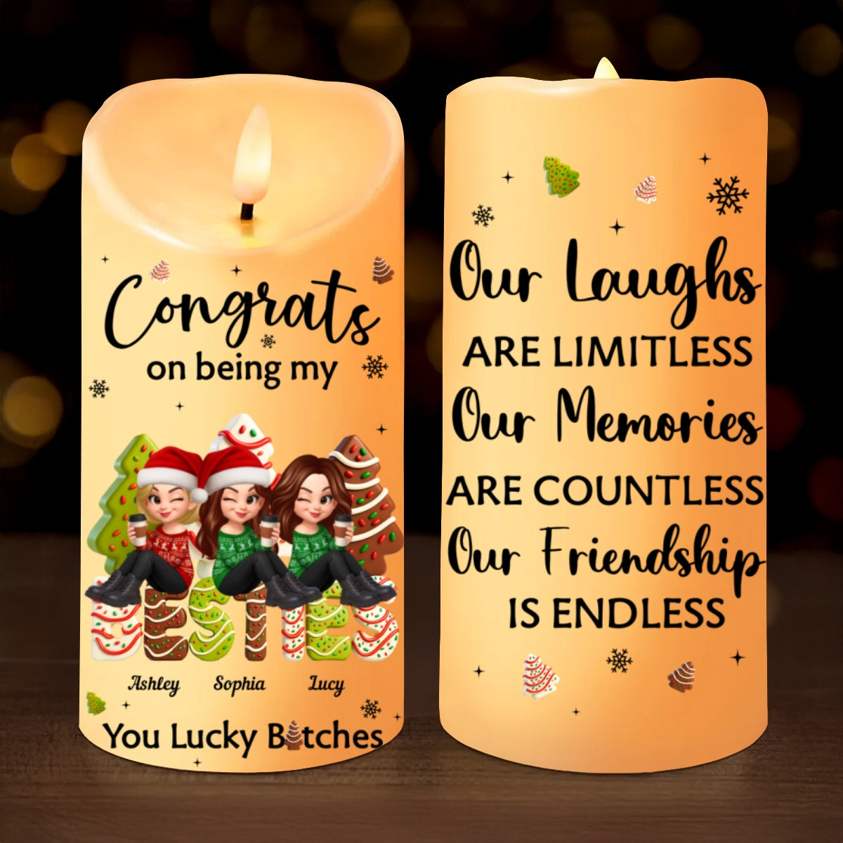 Congrats On Being My Besties Sisters Christmas Tree Cake Personalized LED Candle, Christmas gift for Besties Sisters