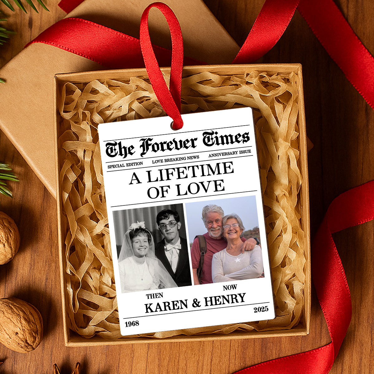 The Forever Time Then & Now Couple Anniversary - Personalized Wooden Ornament - Heartfelt Christmas Gift for Couple