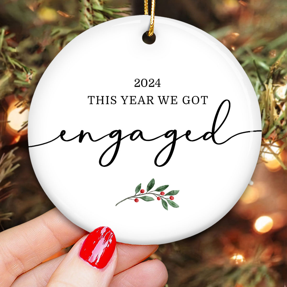 This Year We Got Engaged Personalized Ceramic Ornament, Custom Just Engaged Gifts for Couples