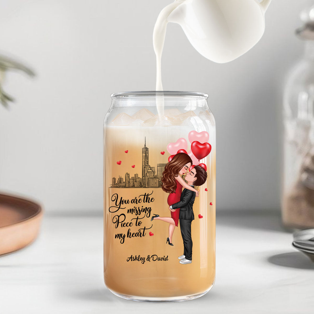 Couple Hugging Kissing You‘re The Missing Piece To My Heart Personalized Clear Glass Can
