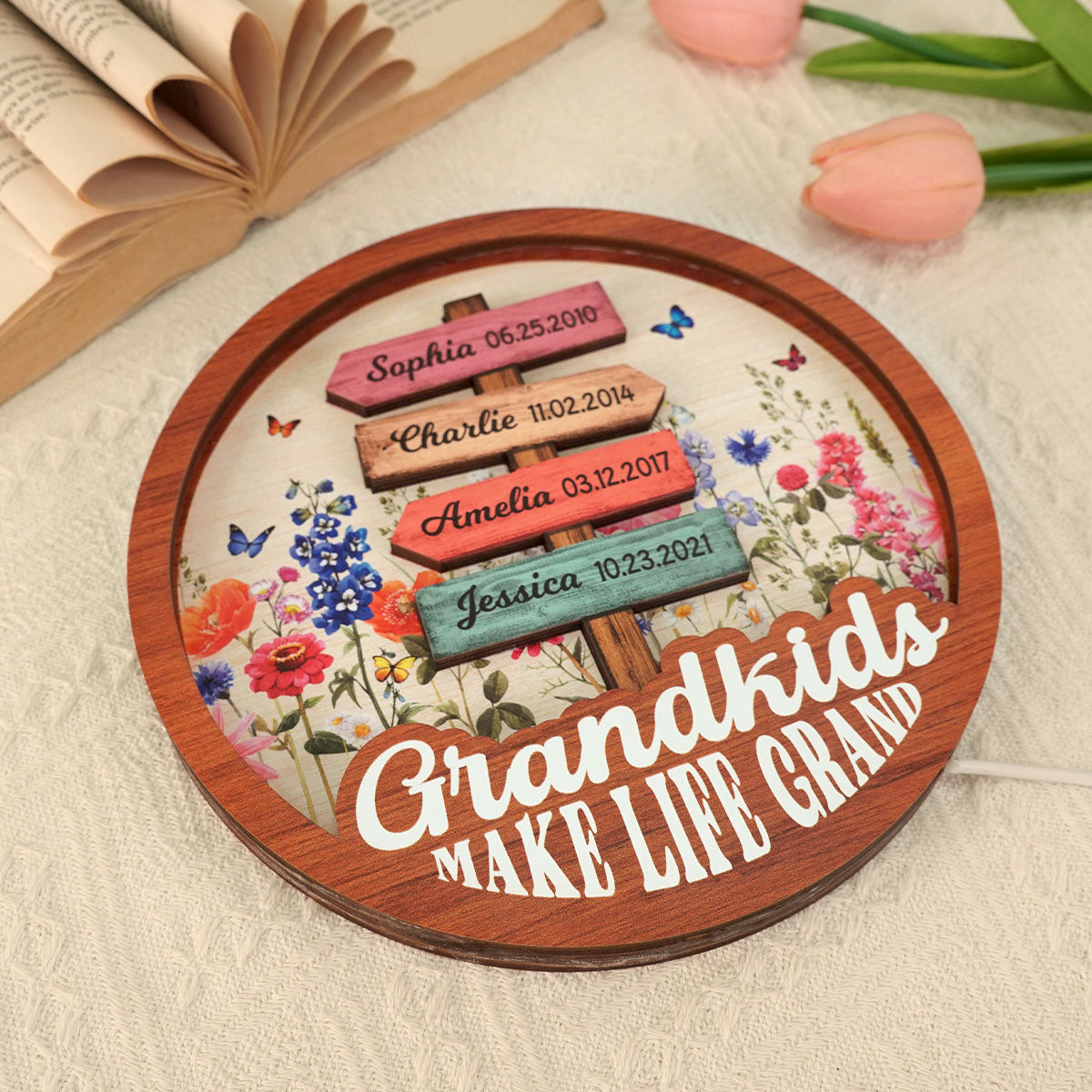 Grandma Flower Garden Grandkids Names Sign Personalized 3-Layer Wooden Plaque With LED, Gift for Mom, for Grandma