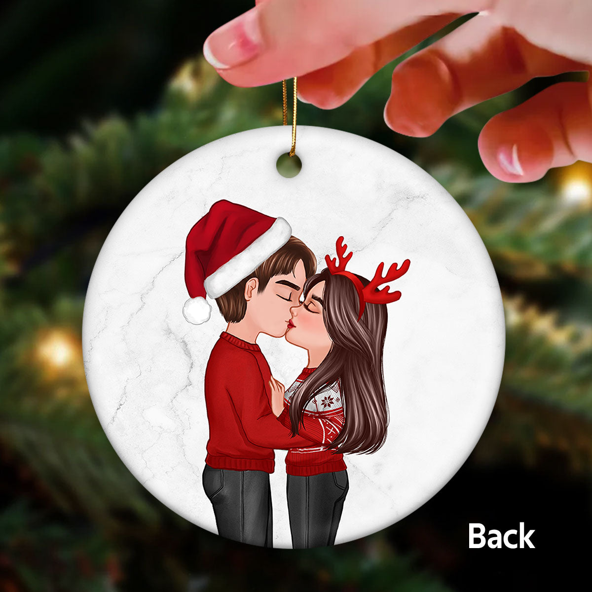 Simple Christmas Thing Couple Kissing Personalized Double Sided Circle Ornament
