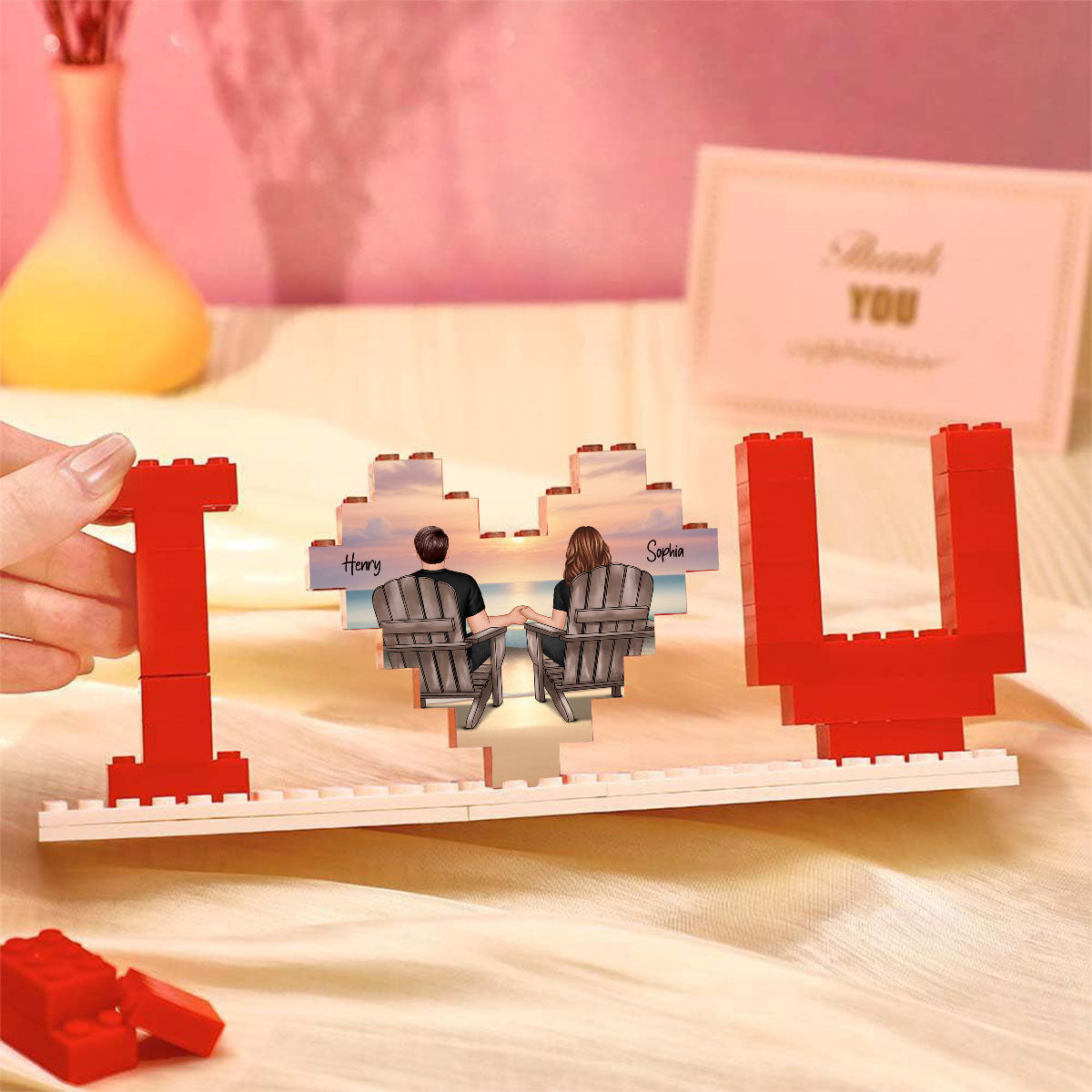Personalized Building Blocks Puzzle, Couple Sitting At Beach, I Love You Block Puzzle, Birthday, Anniversary Gifts for Her & for Him