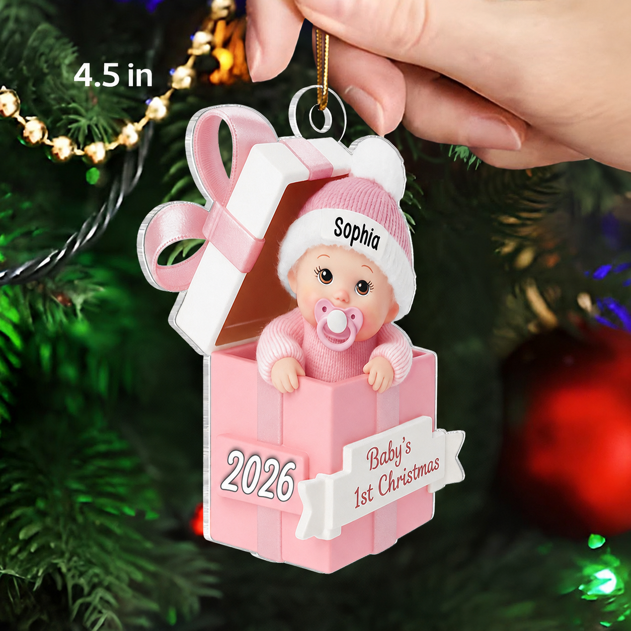 3D Effect Baby In Gift Box - Personalized Acrylic Ornament - First Christmas Keepsake
