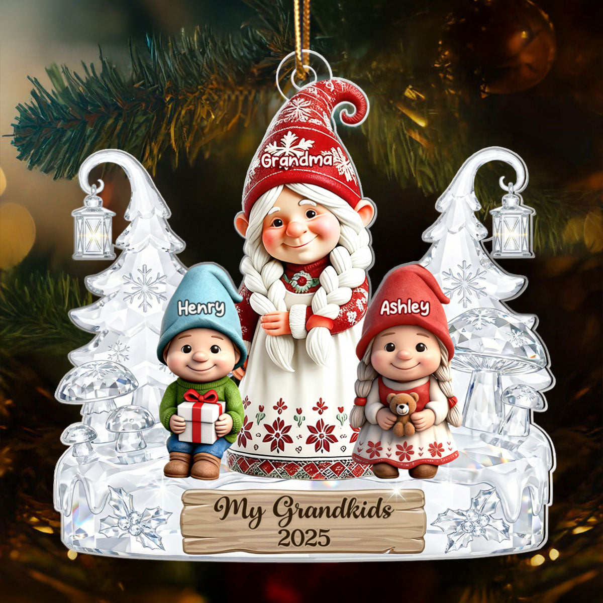 Gnome Grandma And Grandkids Pattern Crystal - Personalized Acrylic Ornament - Heartwarming Christmas Gift For Grandma, Family