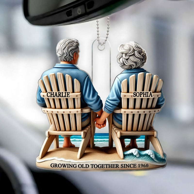 3D Effect Old Couple Sitting On The Beach Growing Old Together Since Personalized Car Hanger Ornament, Heartfelt Gift For Couple, For Him, For Her, Husband, Wife