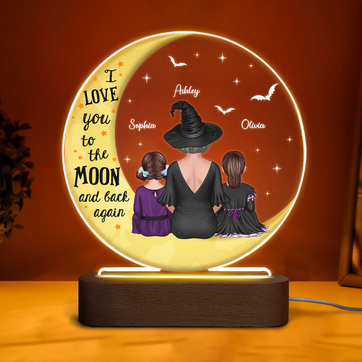 Halloween Love You To The Moon Grandma & Grandkids Personalized Circle Acrylic Plaque With LED Night Light