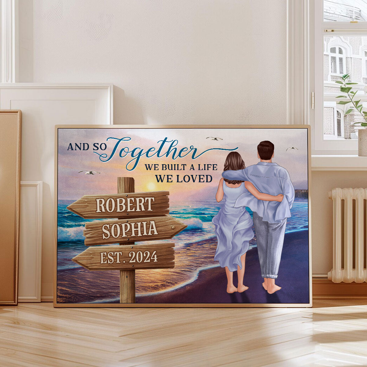 Couple Embracing And Walking On The Beach Personalized Poster, Heartfelt 2025  Gift For Couple, For Him, For Her, Boyfriend, Girlfriend, Husband, Wife