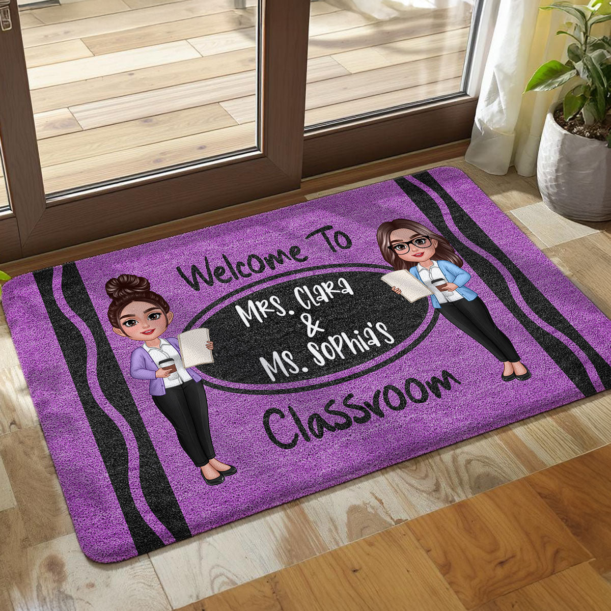 2 Teachers Welcome To Classroom Crayon Pattern Personalized Doormat