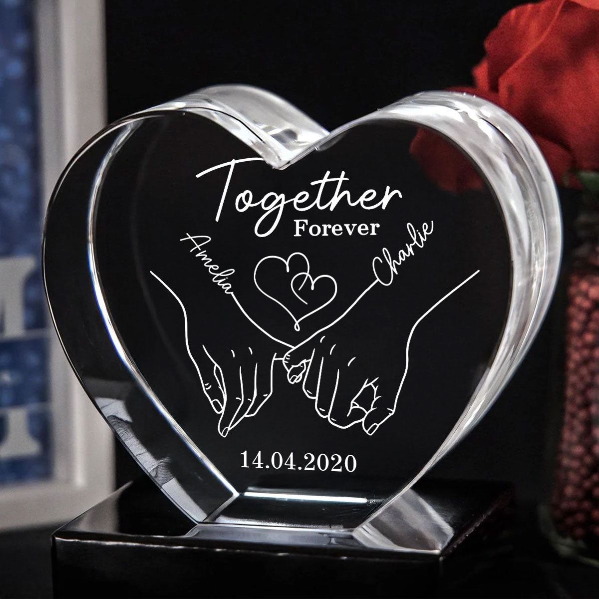 Couple Holding Hands Outline Personalized Premium Crystal Heart LED, Valentines Day Gift, Anniversary Gift for Him, for Her
