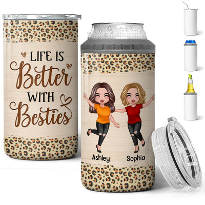 Besties Forever Leopard Wood Texture Personalized Multipurpose Tumbler 4 In 1 Can Cooler