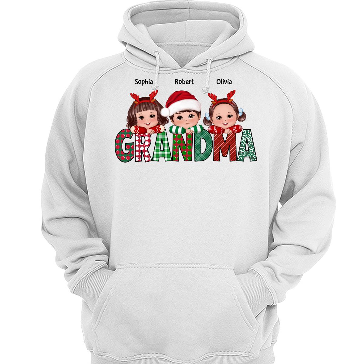 Christmas Pattern Grandma Cute Grandkids Laying Head On Arms Personalized Shirt