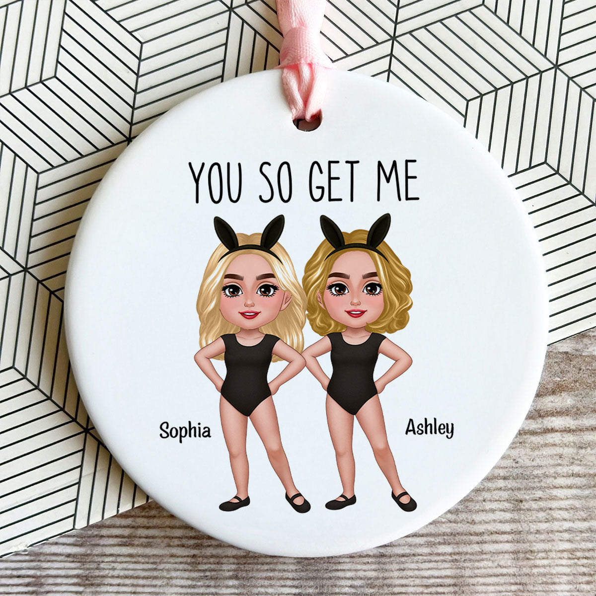 Besties Sisters With Bunny Ears Personalized Circle Ceramic Ornament, Funny Gift for Besties, Friends