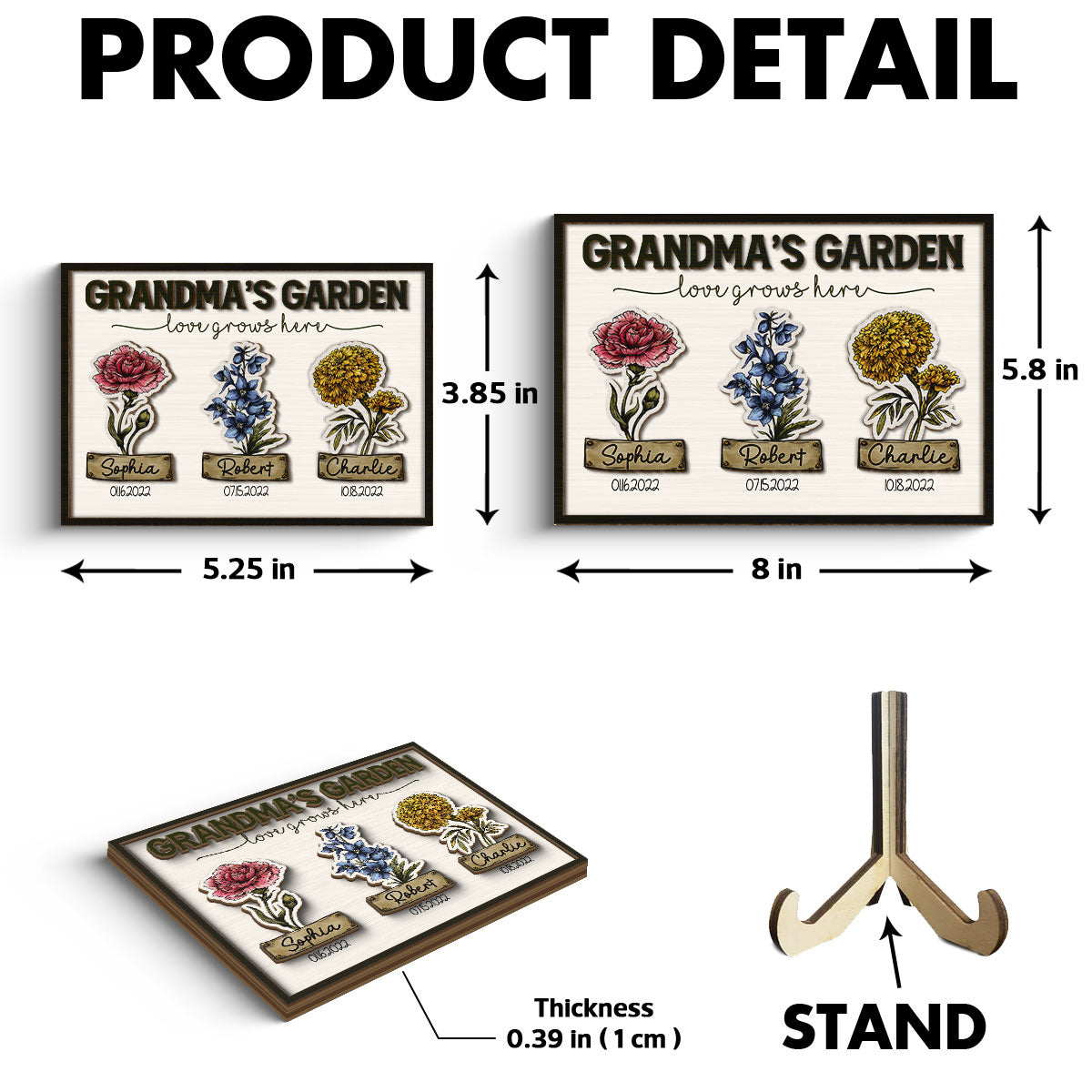 Grandma Garden Love Grows Here Grandkids Birth Flower Name and Birthday Personalized 2-Layer Wooden Plaque
