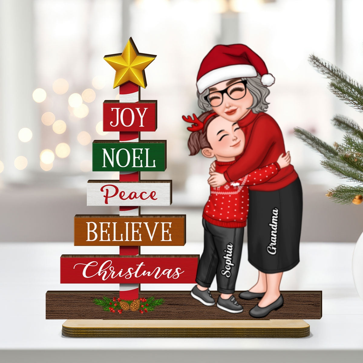 Joy Peace Believe Christmas Gift For Granddaughter Grandson Personalized 2-Layer Standing Wooden Plaque