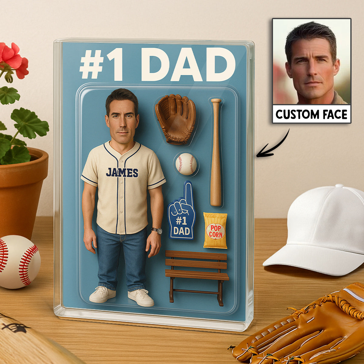 3D Effect Baseball Dad Custom Figure Personalized Rectangle Acrylic Block Plaque